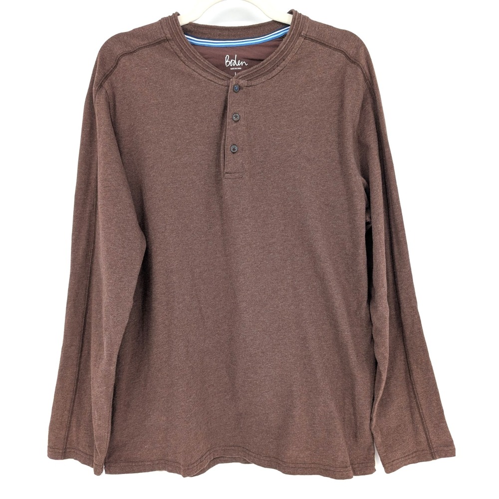 Boden Mens Brown Henley Long Sleeve Shirt‎ Large Preppy Classic Everyday Basic